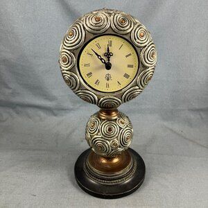 Vtg 11" Polyresin Standing Clock WORKS Battery Operated Analog Fancy Metallic